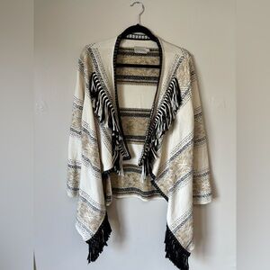 Chekanka Women’s Cream and Black Tribal Ethnic Poncho Cardigan with Fringe, Sz L
